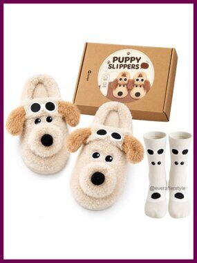 Plush Animal Dog Slippers & Matching Socks Gift Set Cushioned